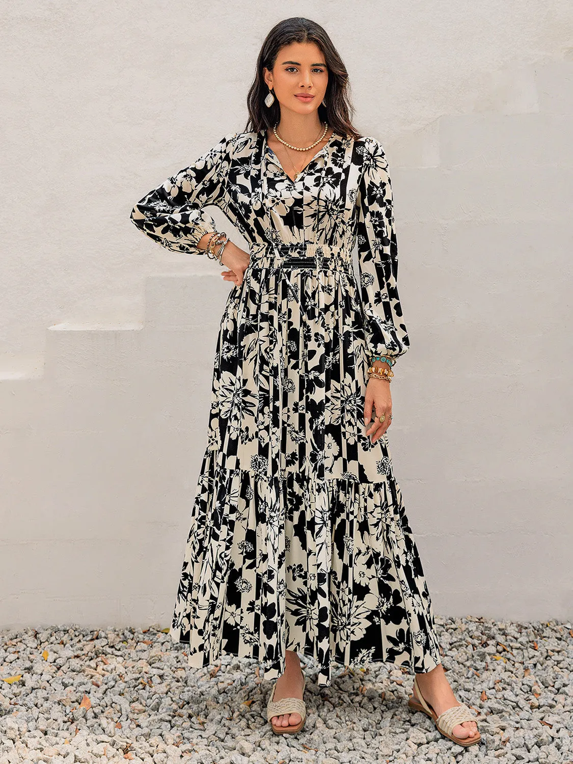 🌸 Smocked Printed Tie Neck Long Sleeve Dress 🌸
