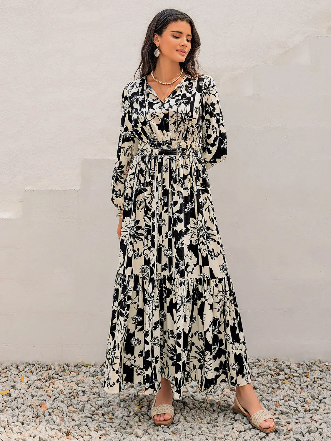 🌸 Smocked Printed Tie Neck Long Sleeve Dress 🌸