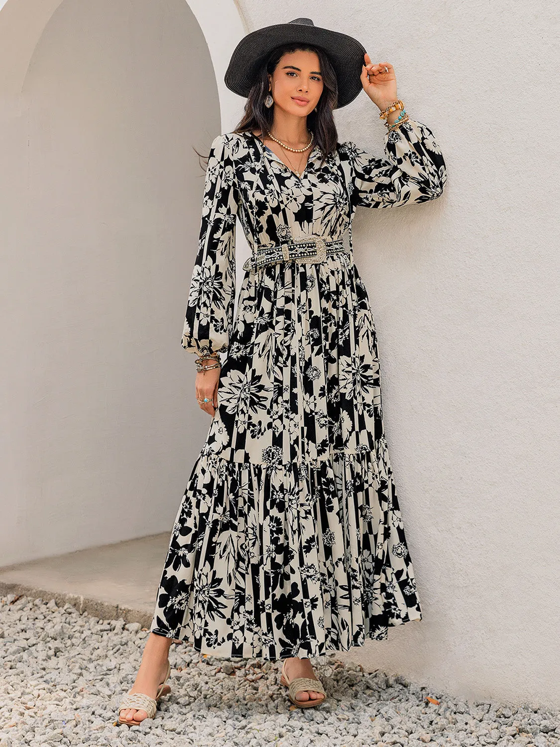 🌸 Smocked Printed Tie Neck Long Sleeve Dress 🌸