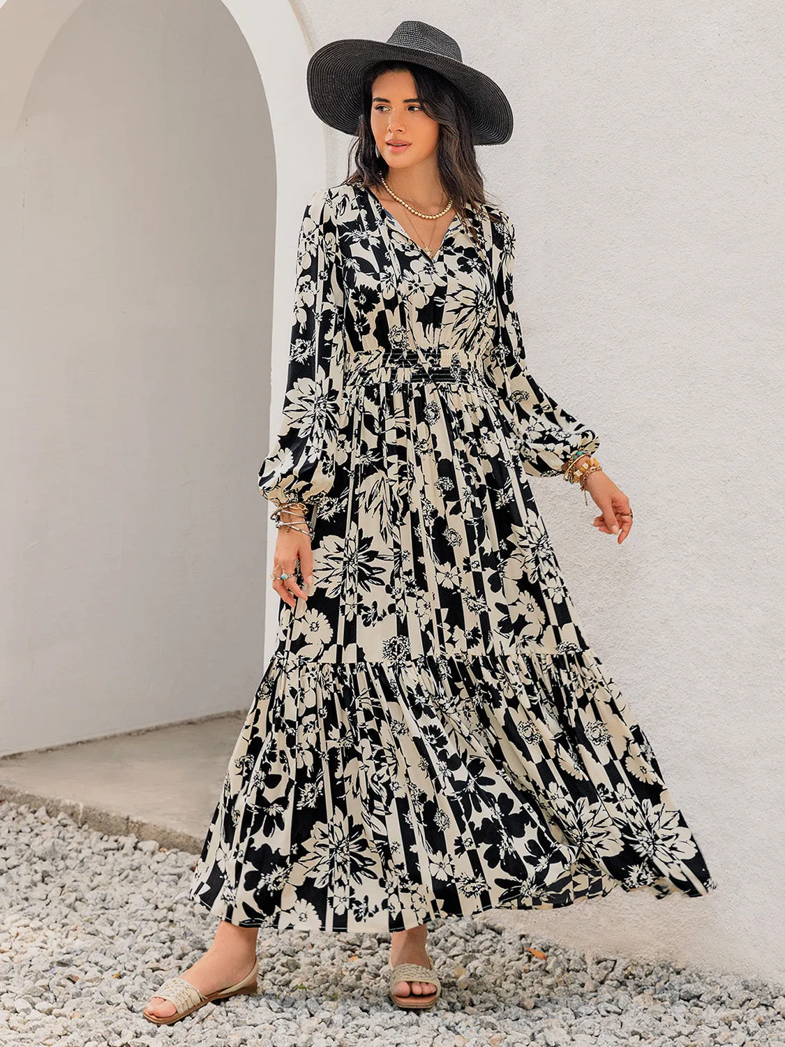 🌸 Smocked Printed Tie Neck Long Sleeve Dress 🌸