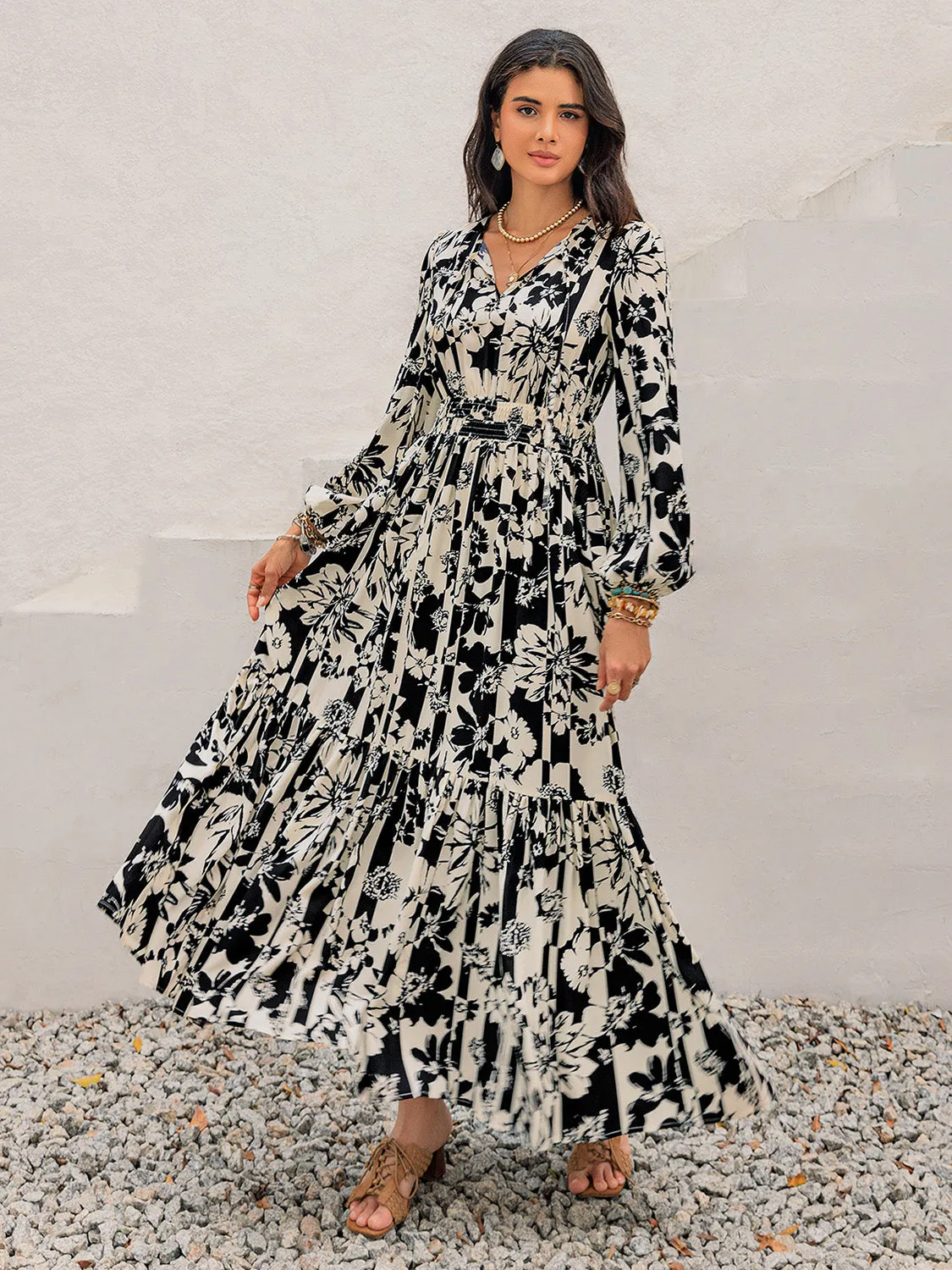 🌸 Smocked Printed Tie Neck Long Sleeve Dress 🌸