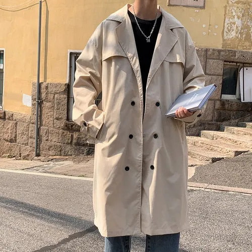 Aidase Trench Men Oversize Solid Double Breasted Loose Coat All-match Streetwear Turn-down Collar Sashes Hot Sale Hombre Korean Fashion