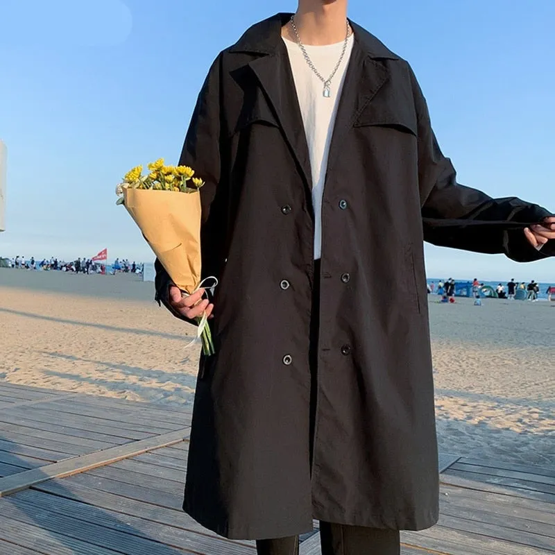 Aidase Trench Men Oversize Solid Double Breasted Loose Coat All-match Streetwear Turn-down Collar Sashes Hot Sale Hombre Korean Fashion