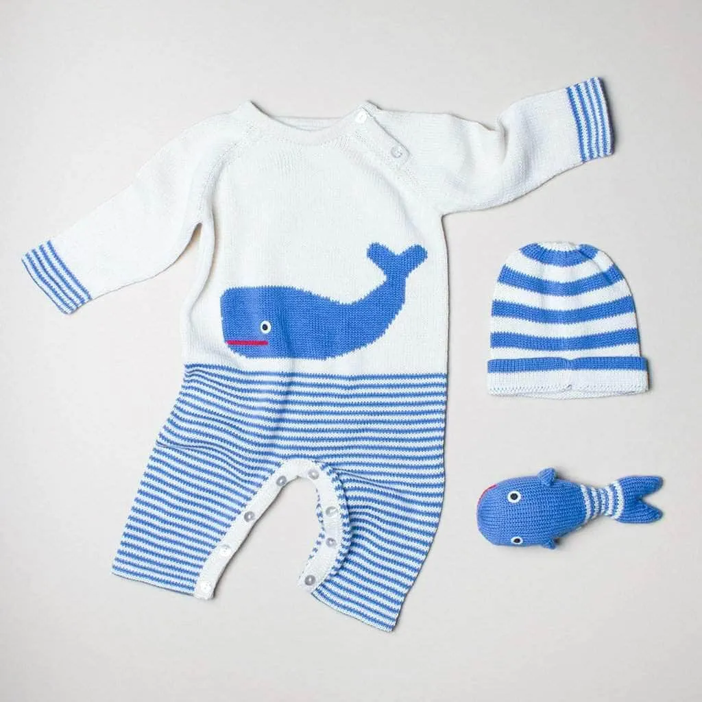 Baby Gift Set - Knit Romper, Hat & Rattle Whale
