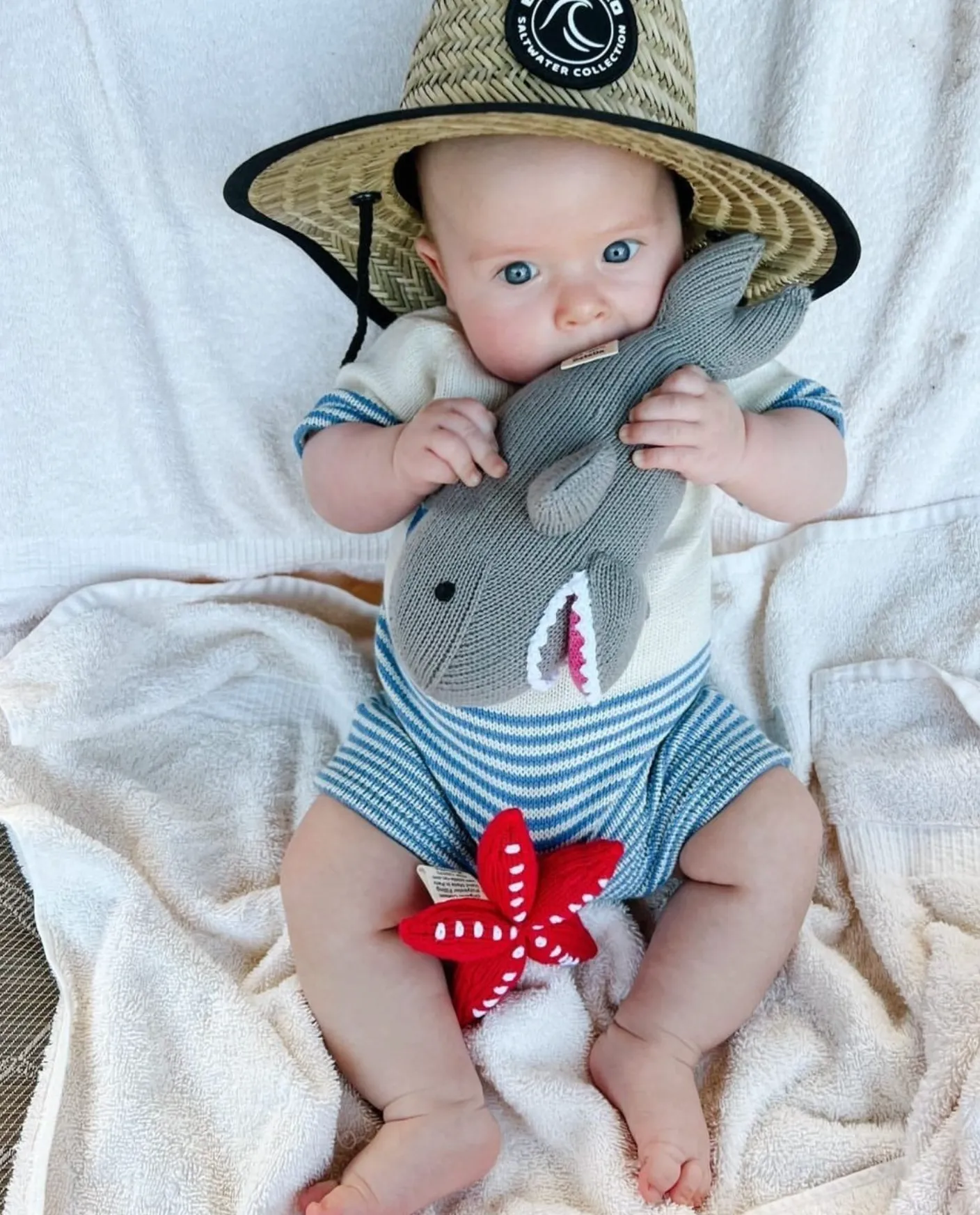 Baby Gift Set - Knit Romper, Hat & Rattle Whale