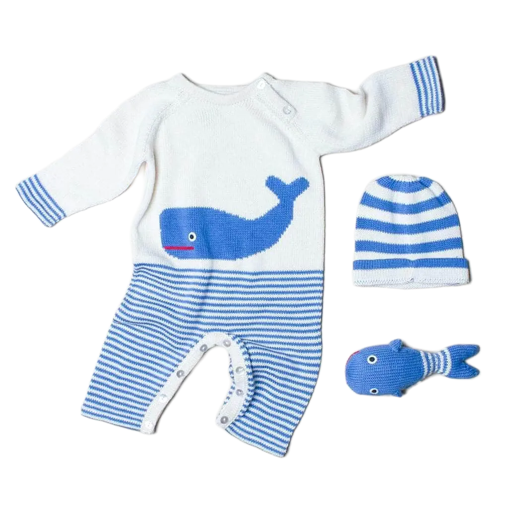 Baby Gift Set - Knit Romper, Hat & Rattle Whale