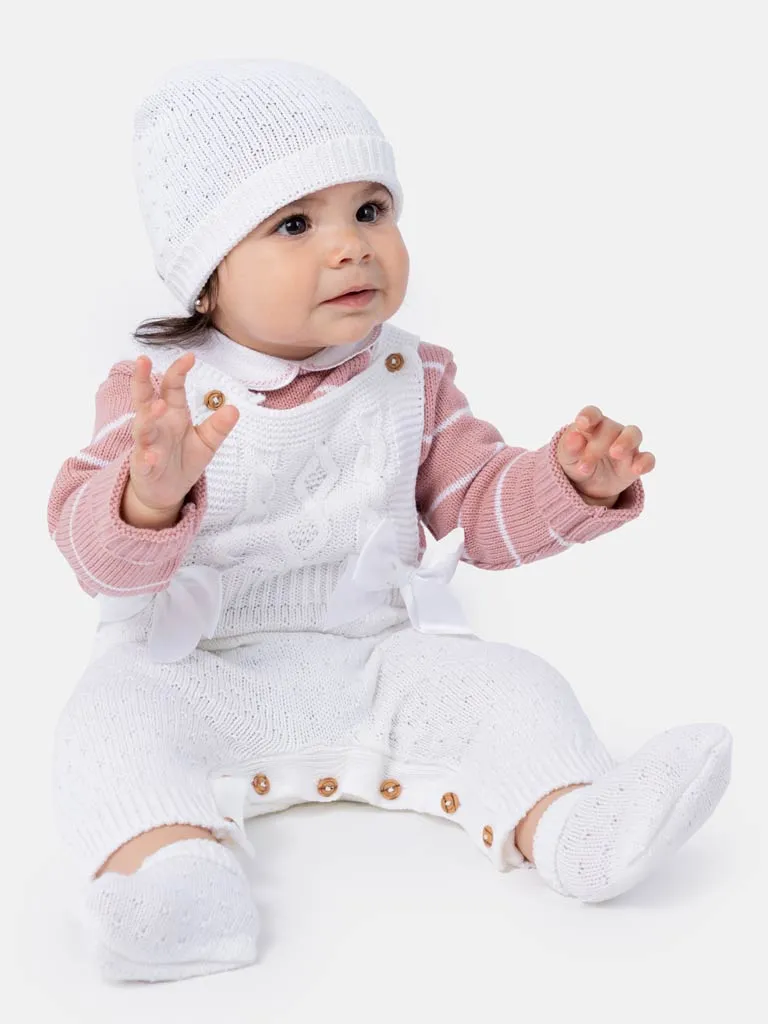 Baby Girl Nia Collection 4-piece Spanish Knitted Set- White with Dusty Pink