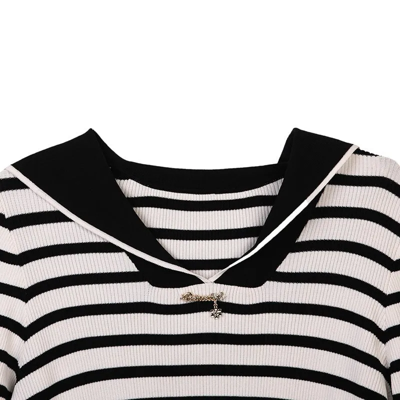 Black & White Striped Navy Collar Knitted Sweater