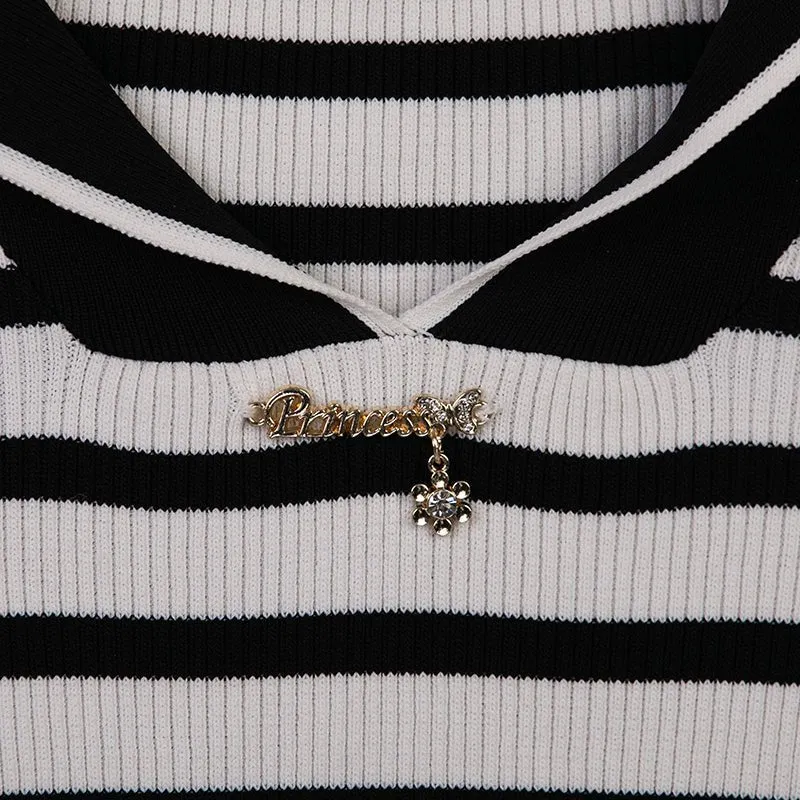 Black & White Striped Navy Collar Knitted Sweater