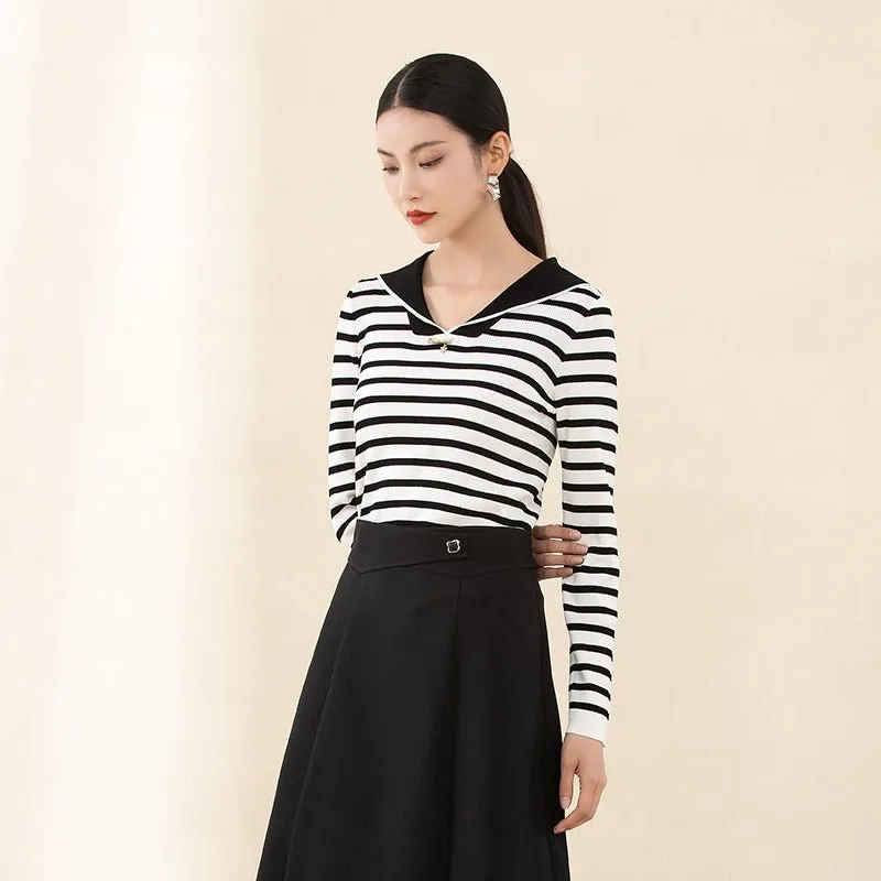 Black & White Striped Navy Collar Knitted Sweater