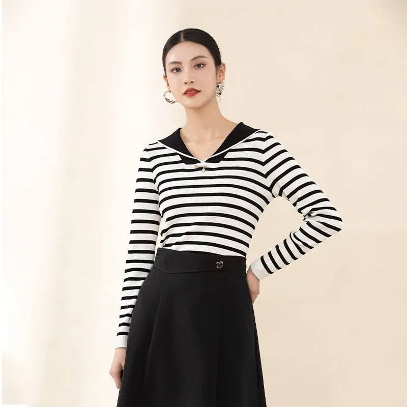 Black & White Striped Navy Collar Knitted Sweater