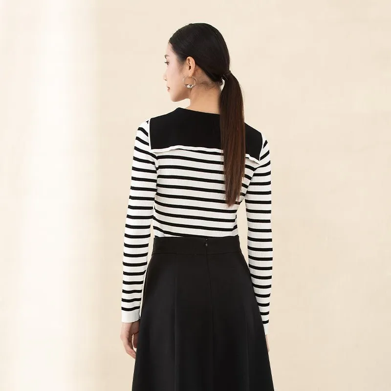 Black & White Striped Navy Collar Knitted Sweater