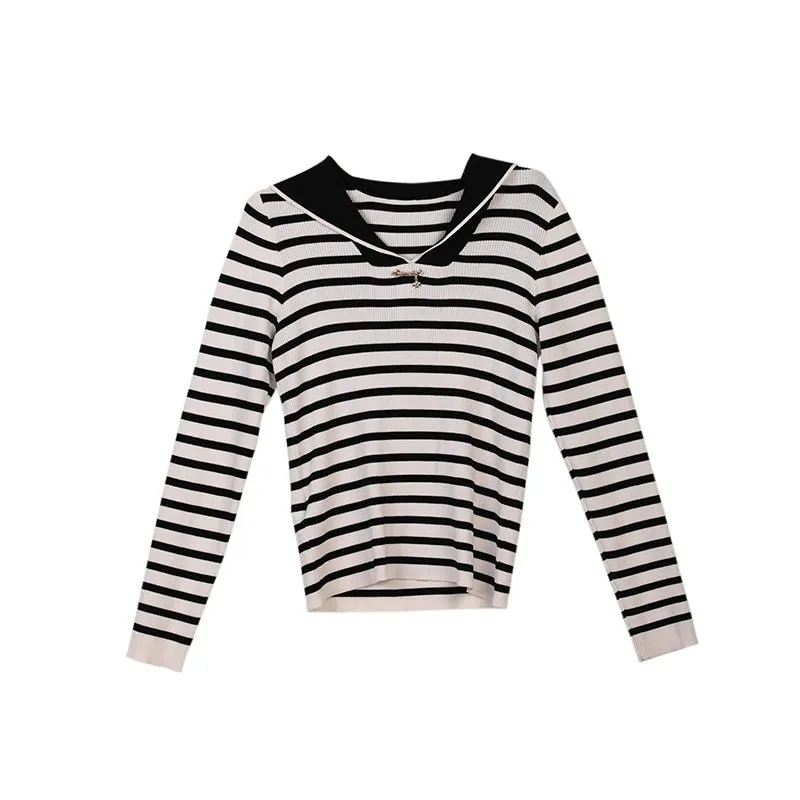 Black & White Striped Navy Collar Knitted Sweater