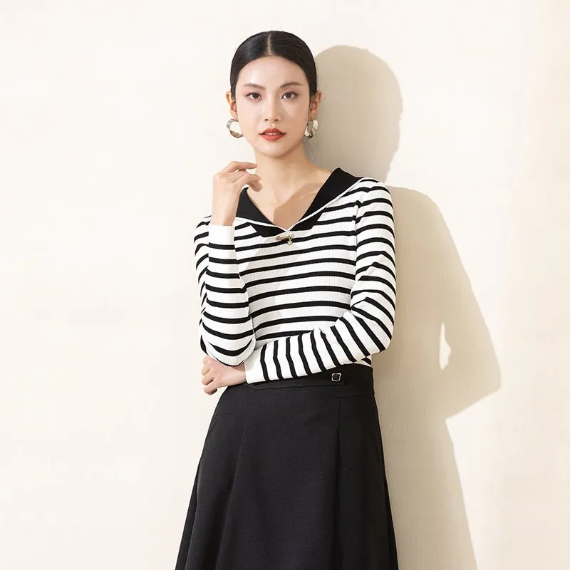 Black & White Striped Navy Collar Knitted Sweater