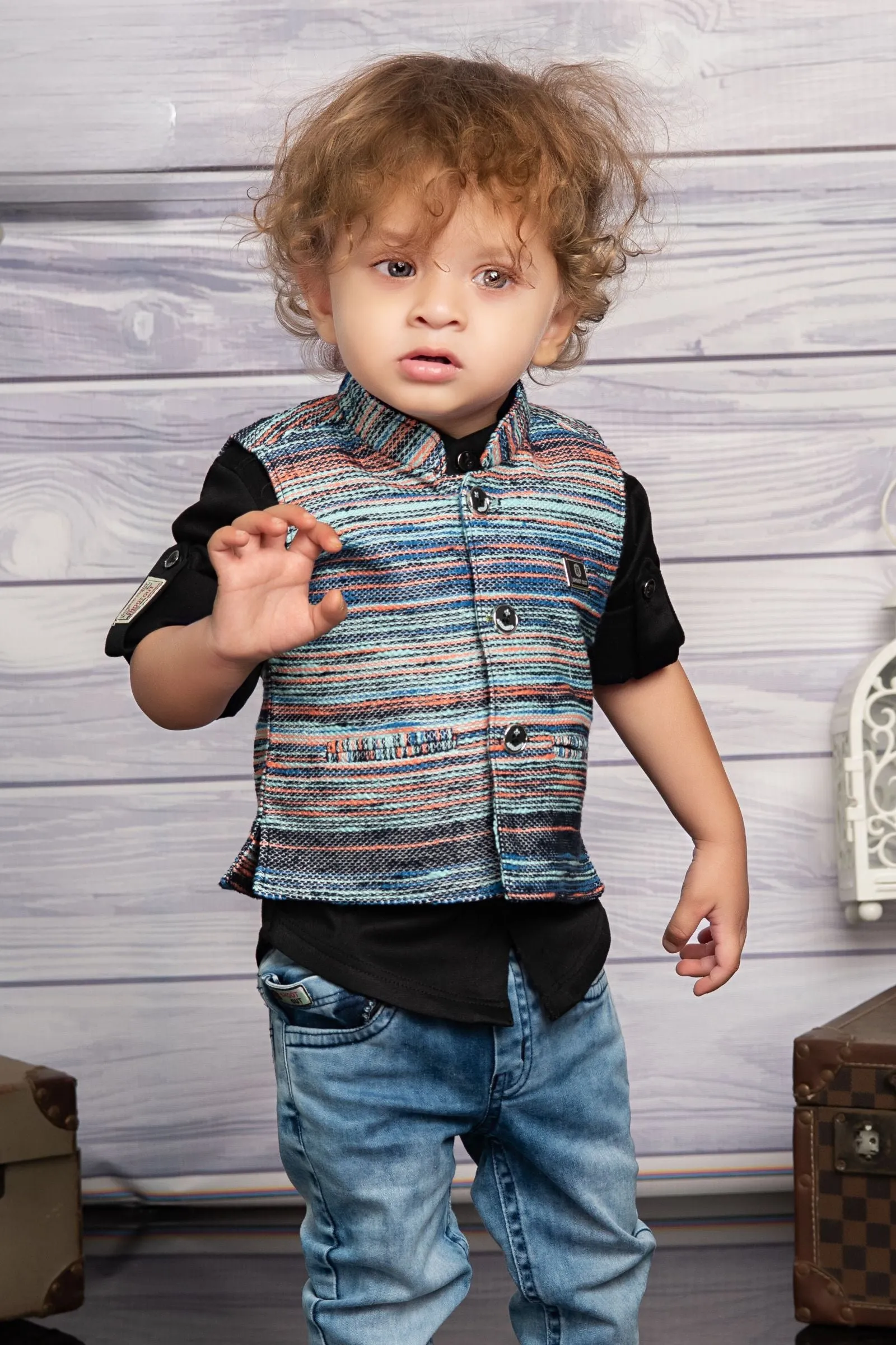 Black with Denim Blue Waist Coat and Set for Boys