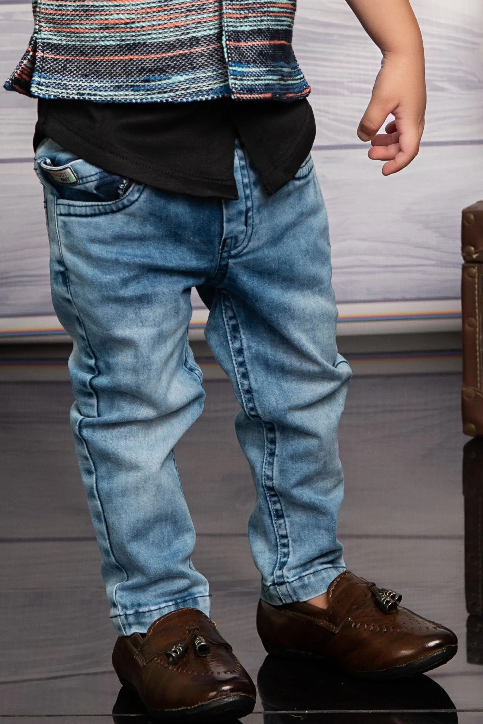 Black with Denim Blue Waist Coat and Set for Boys