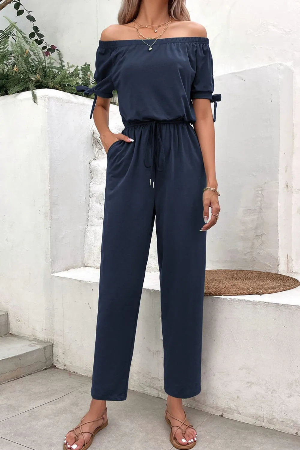 Cuff Tie Jumpsuit with Pockets
