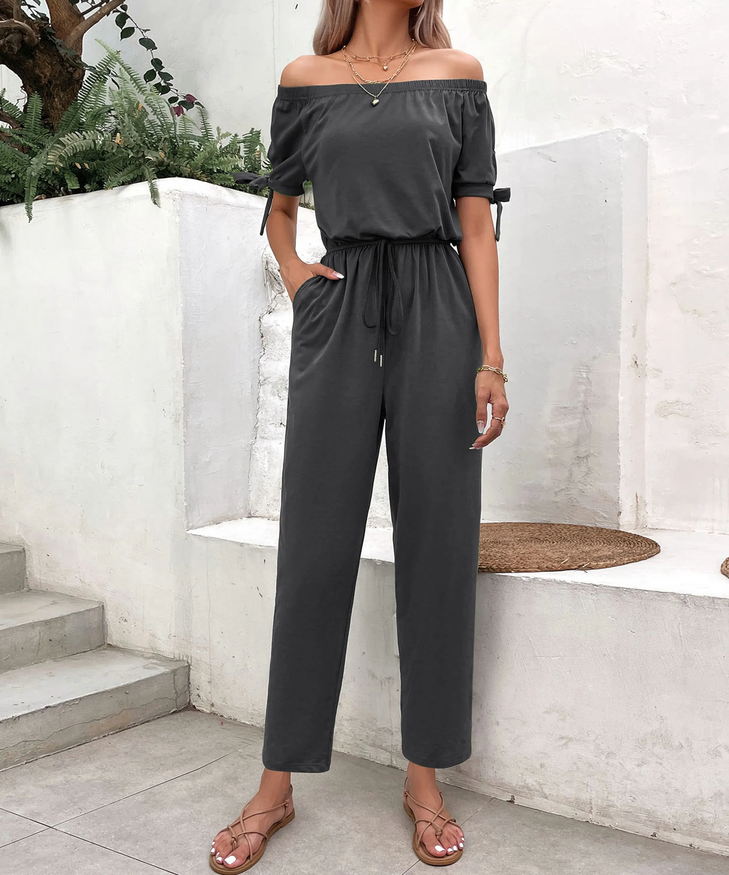 Cuff Tie Jumpsuit with Pockets