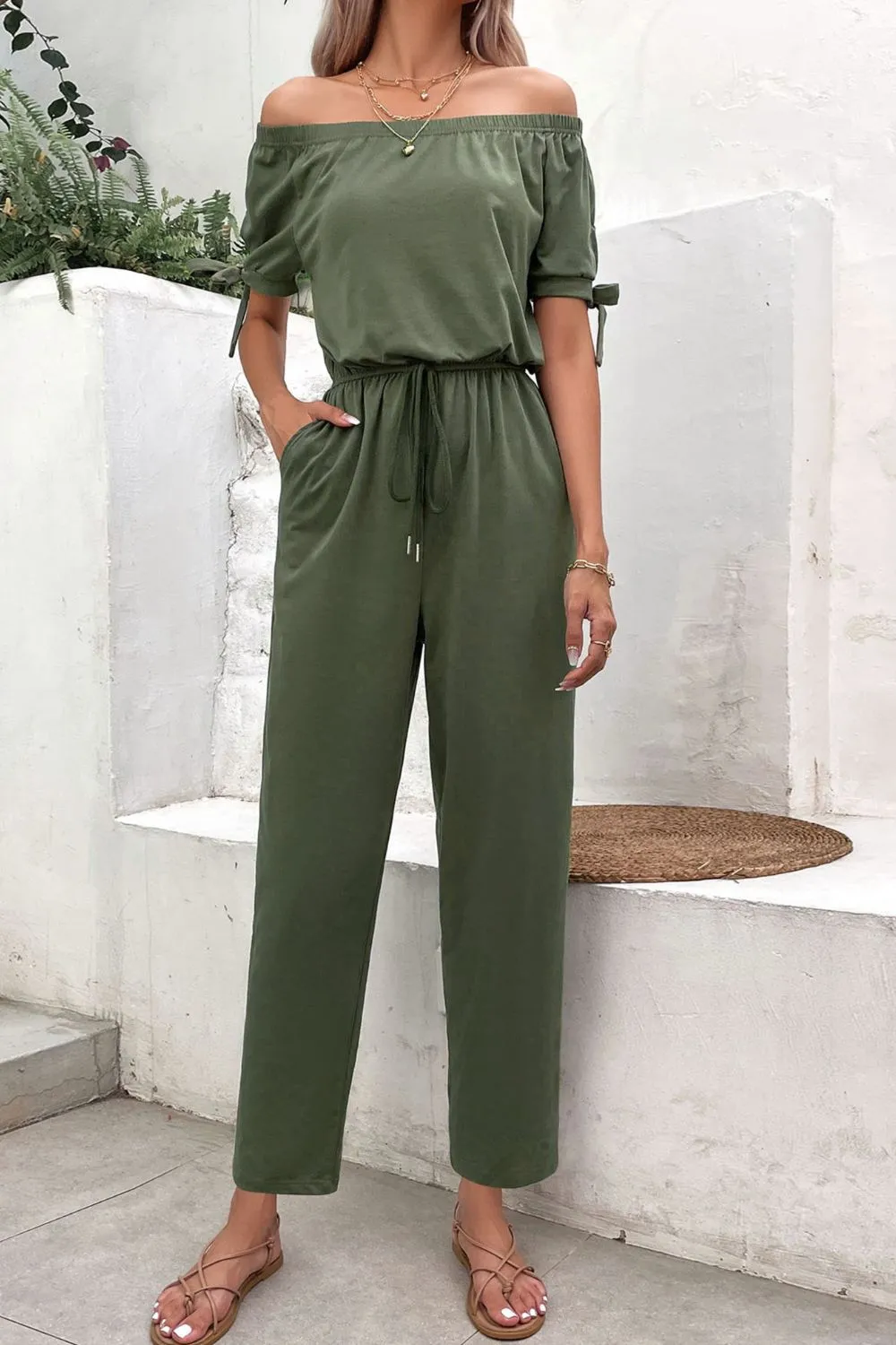 Cuff Tie Jumpsuit with Pockets