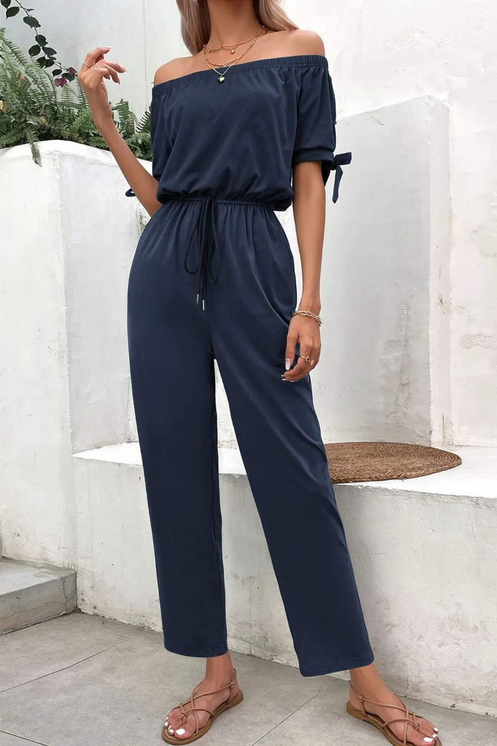 Cuff Tie Jumpsuit with Pockets