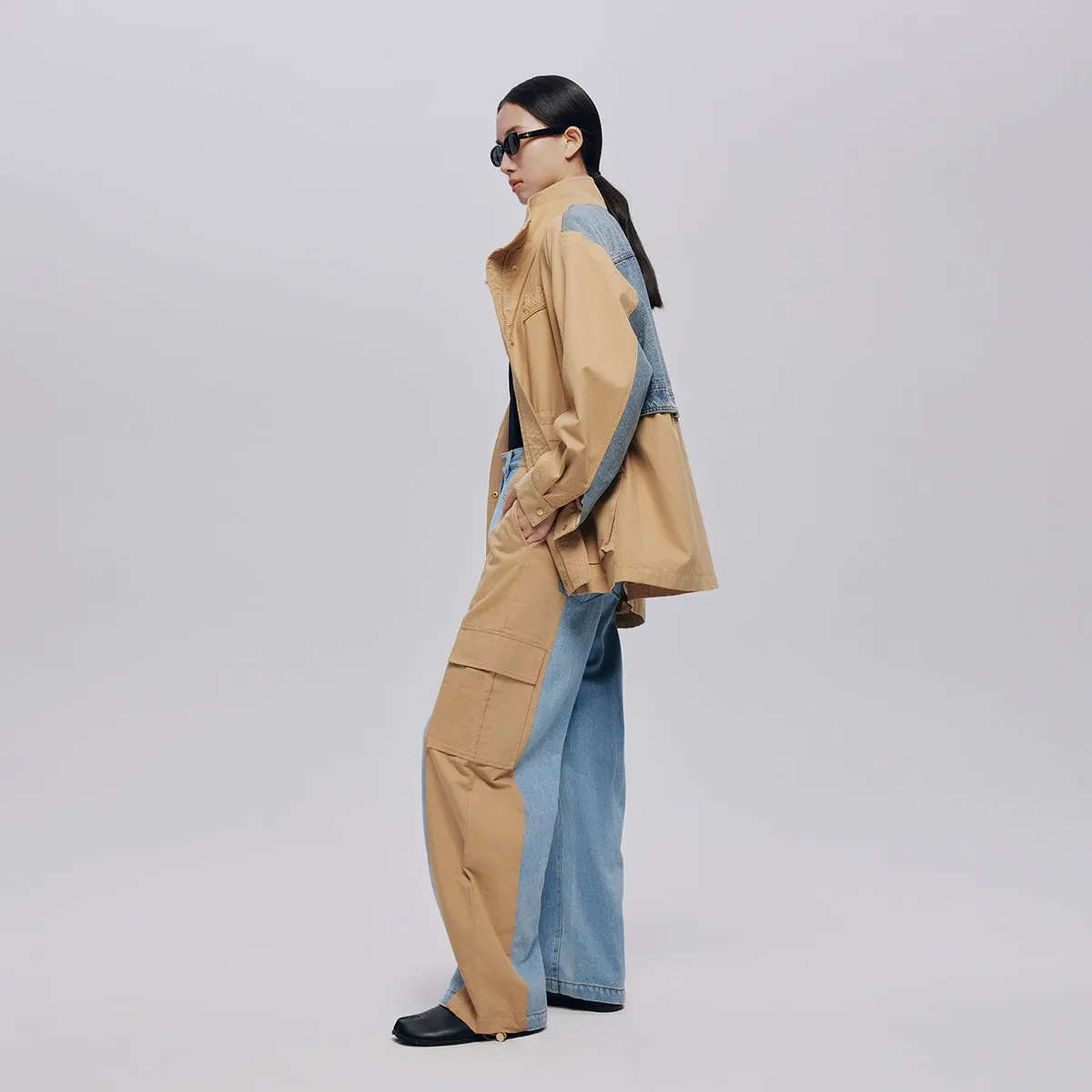 Denim Patchwork Trench Coat