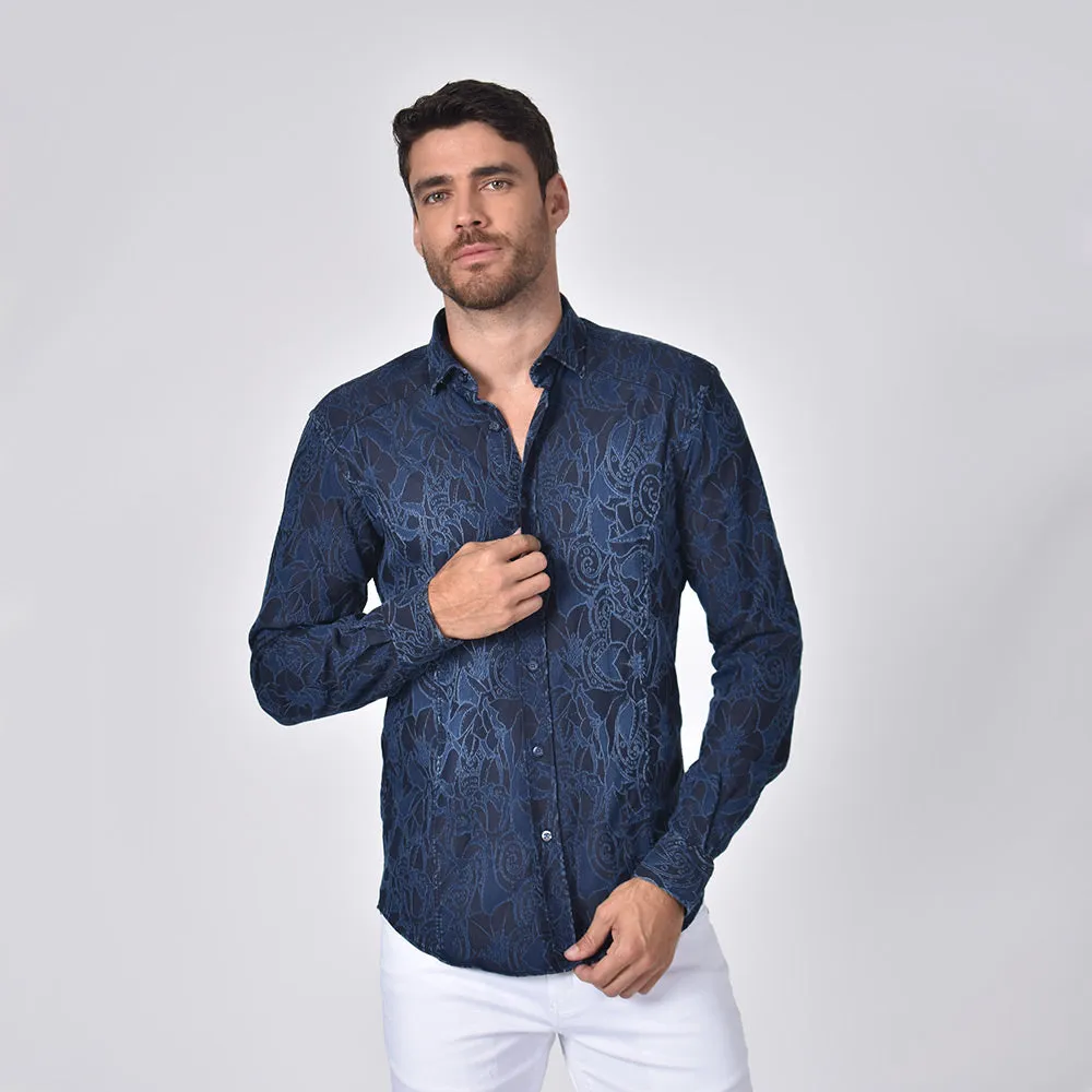 Denim Tapestry Design Stretch Jacquard Shirt