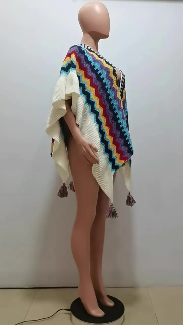 Knitted tassel cardigan cape AY3281