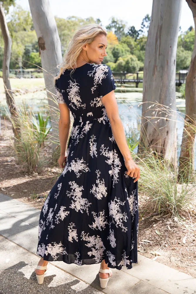 Leilani Navy/White Floral Maxi Dress