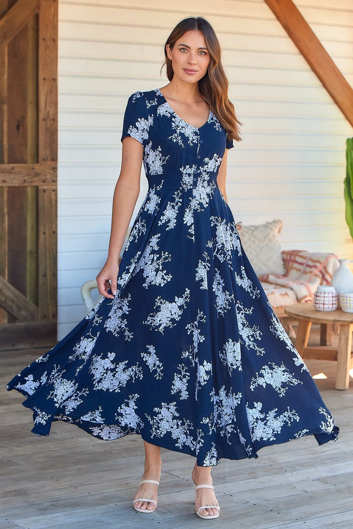 Leilani Navy/White Floral Maxi Dress