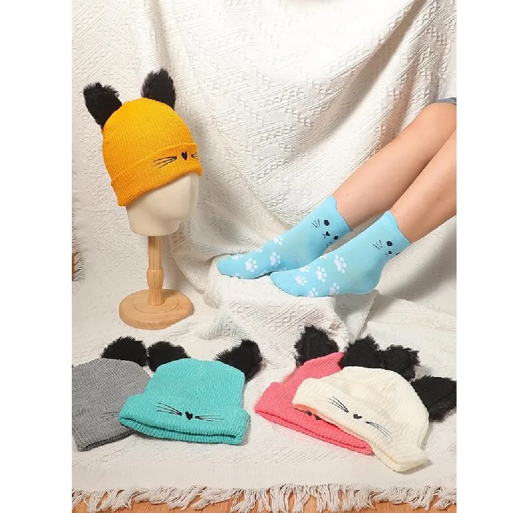 Liitrsh 10 Pcs Cute Cat Socks and Cat Ears Knit Beanie Hats Set
