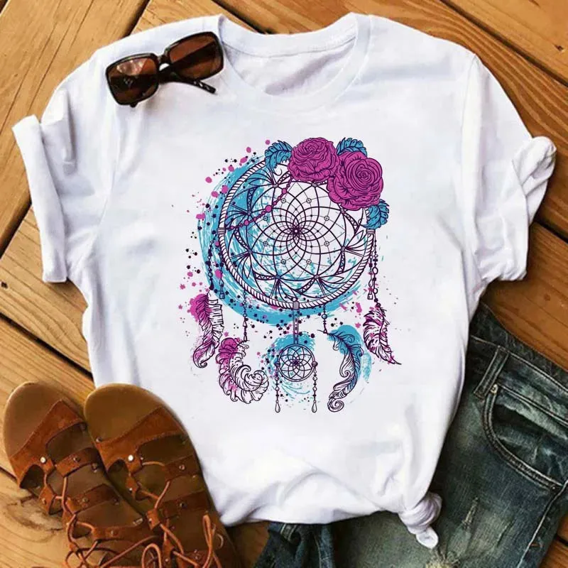 LVSANW Maycaur Women Summer Short Sleeve Dreamcatcher Feather Fashion Print Lady T-shirts Top T Shirt Ladies Womens Graphic Tee T-Shirt