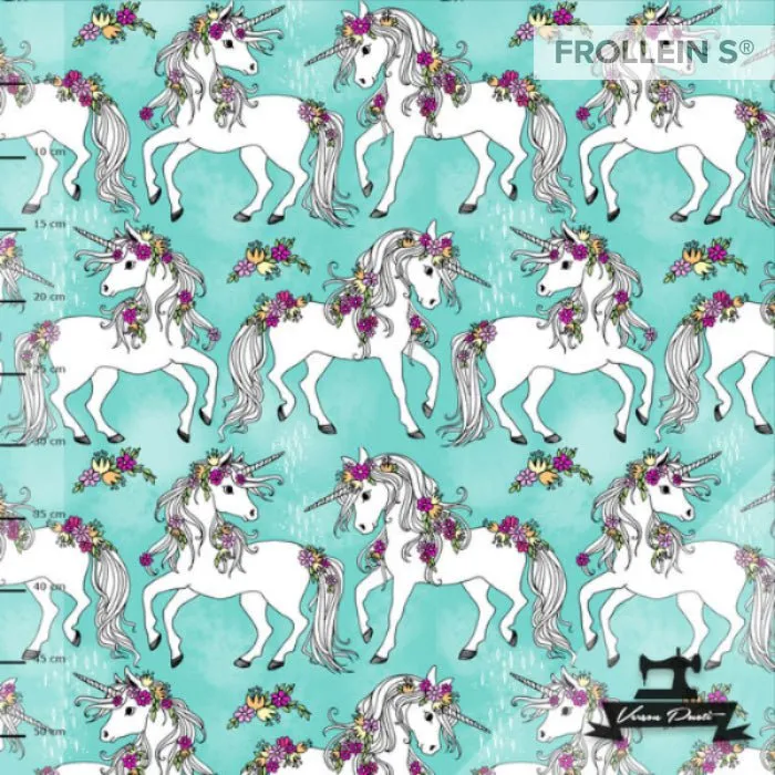 Organic Cotton Jersey - Flower Unicorns-Aqua