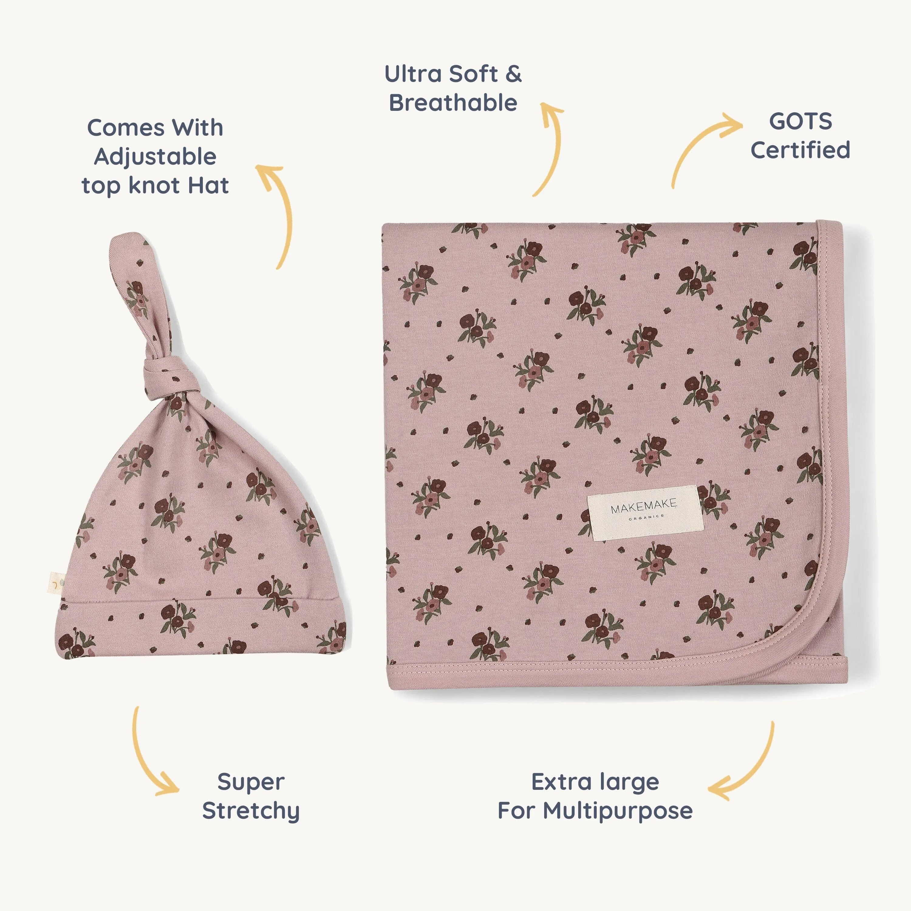 Organic Swaddle Blanket & Hat | Rose Ditsy