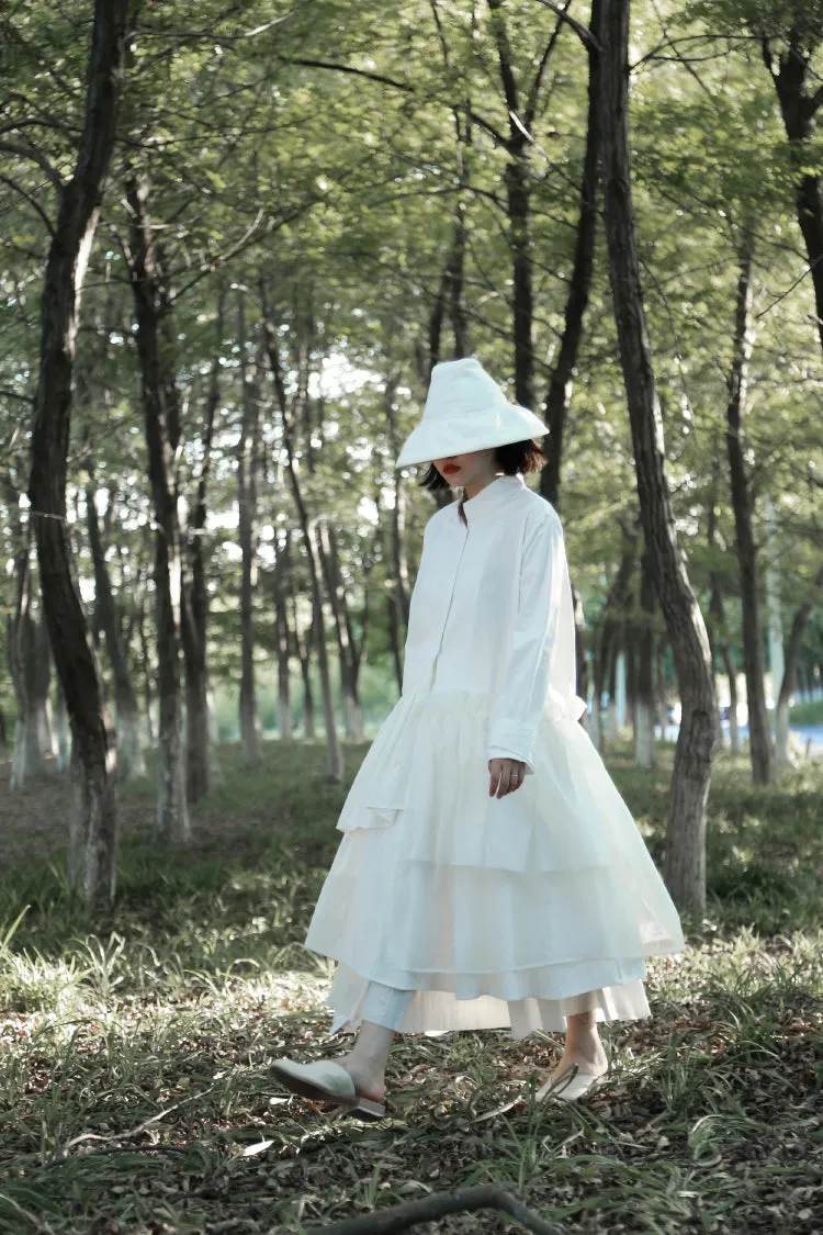 Original Shirt Hem Pleated Organza Stitching Asymmetric LONG Shirt