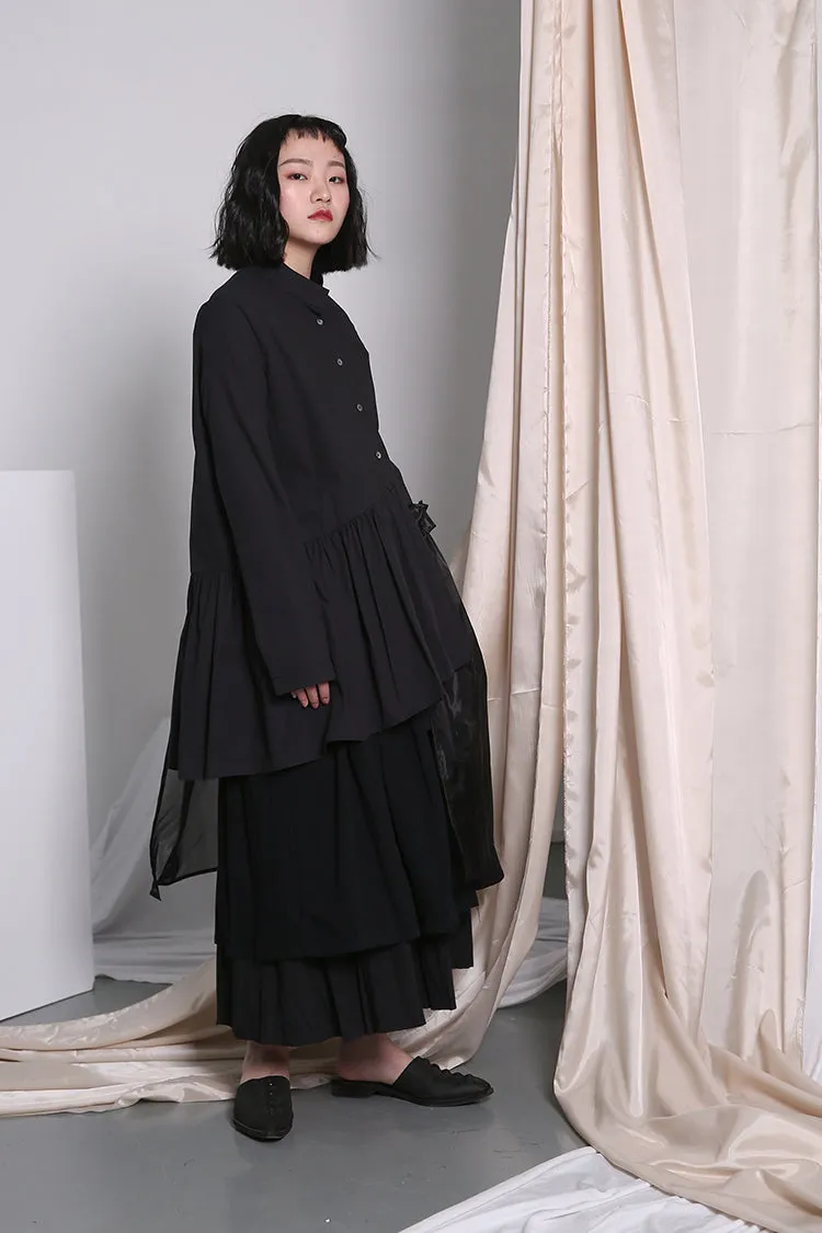 Original Shirt Hem Pleated Organza Stitching Asymmetric LONG Shirt