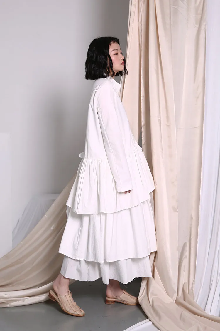 Original Shirt Hem Pleated Organza Stitching Asymmetric LONG Shirt