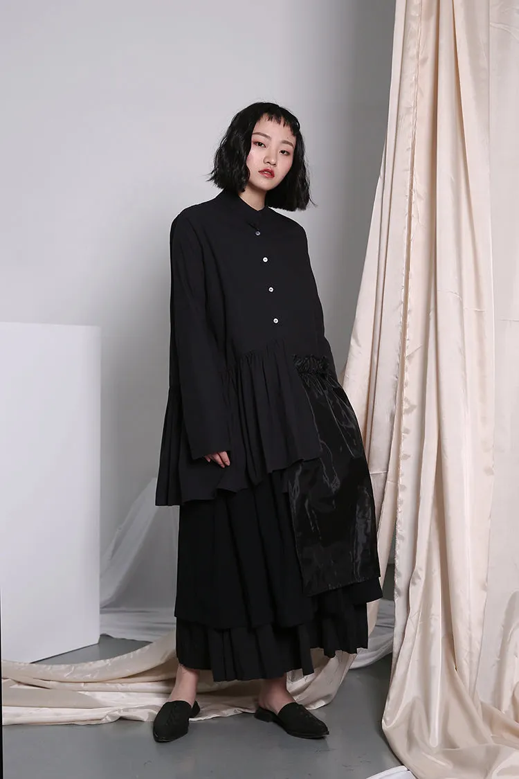 Original Shirt Hem Pleated Organza Stitching Asymmetric LONG Shirt