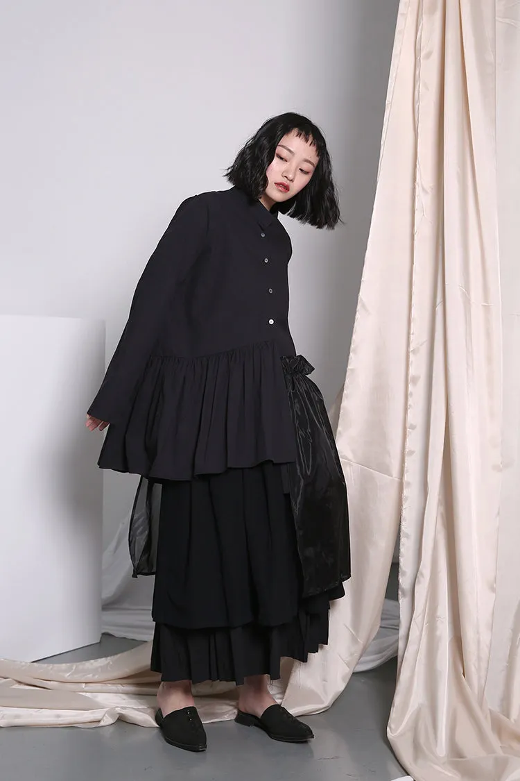 Original Shirt Hem Pleated Organza Stitching Asymmetric LONG Shirt