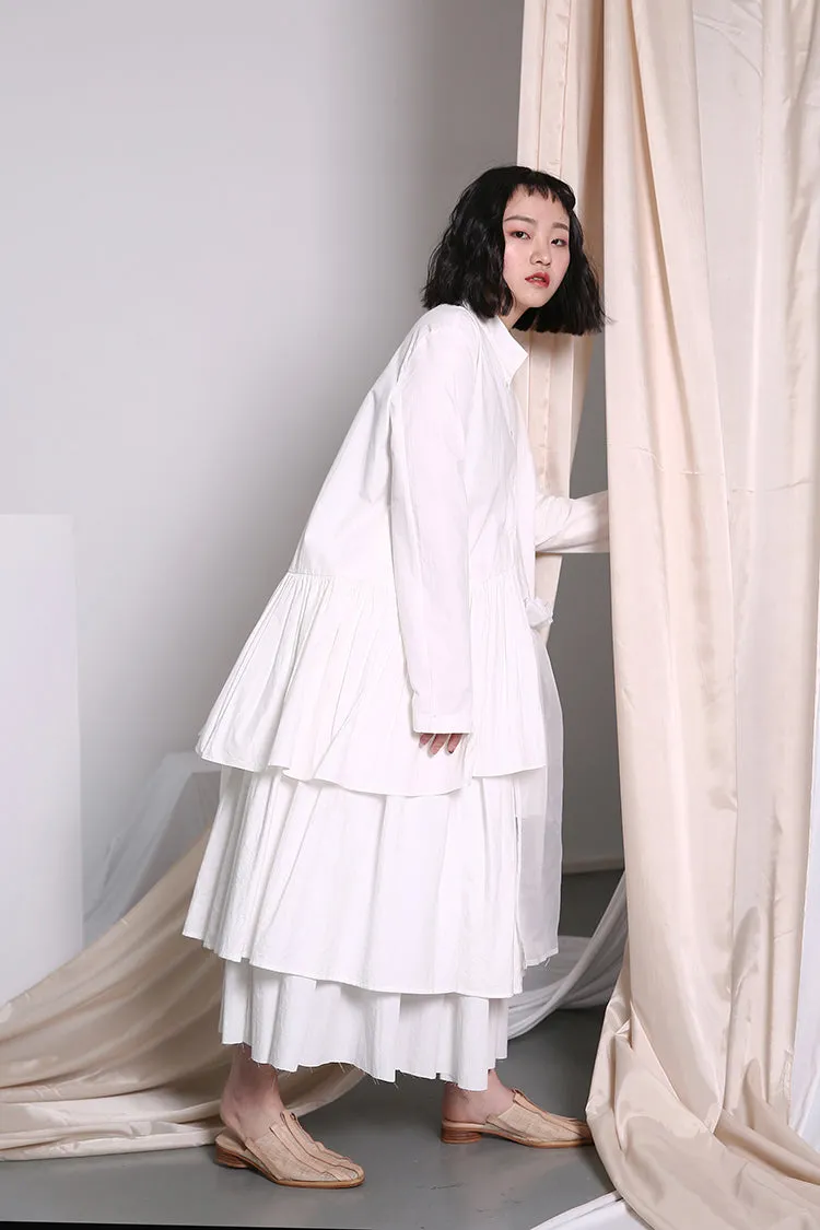 Original Shirt Hem Pleated Organza Stitching Asymmetric LONG Shirt