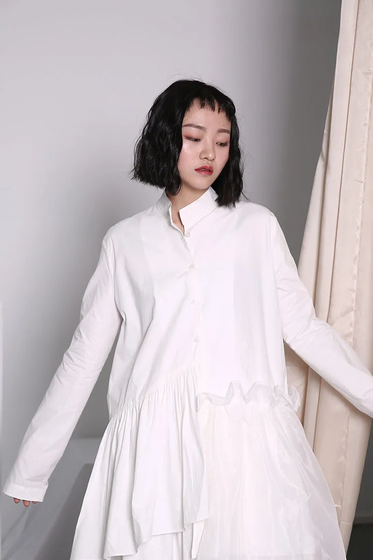 Original Shirt Hem Pleated Organza Stitching Asymmetric LONG Shirt