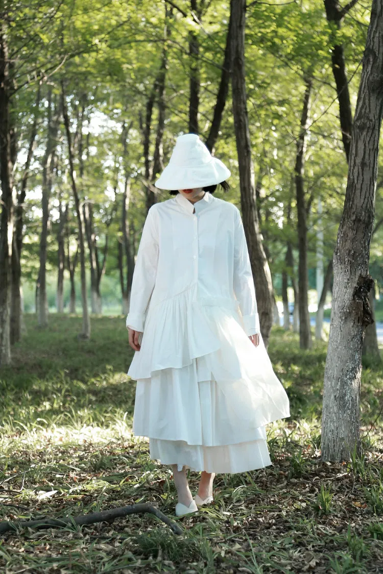 Original Shirt Hem Pleated Organza Stitching Asymmetric LONG Shirt