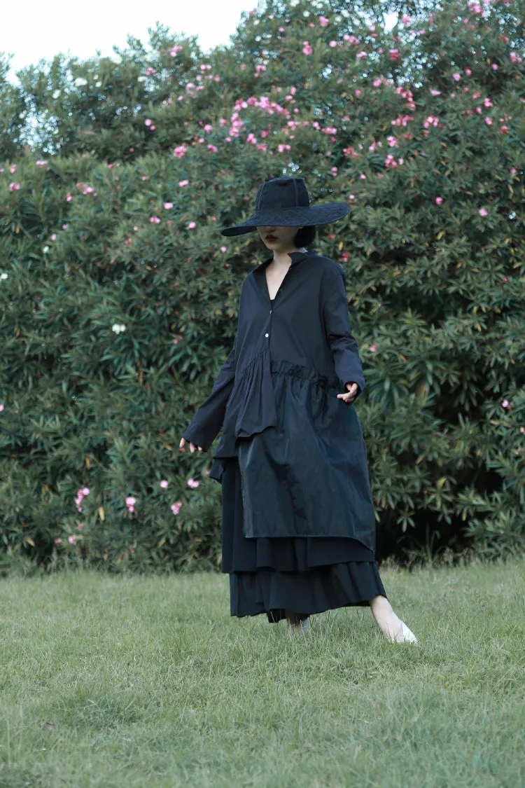 Original Shirt Hem Pleated Organza Stitching Asymmetric LONG Shirt