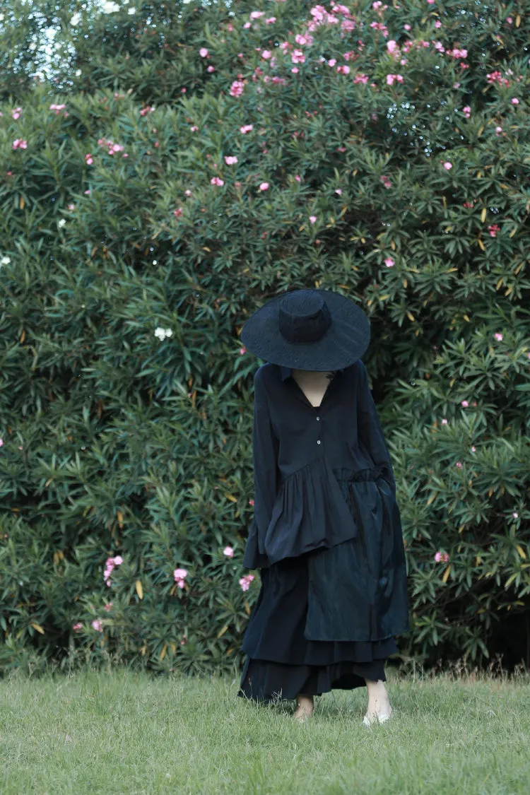 Original Shirt Hem Pleated Organza Stitching Asymmetric LONG Shirt