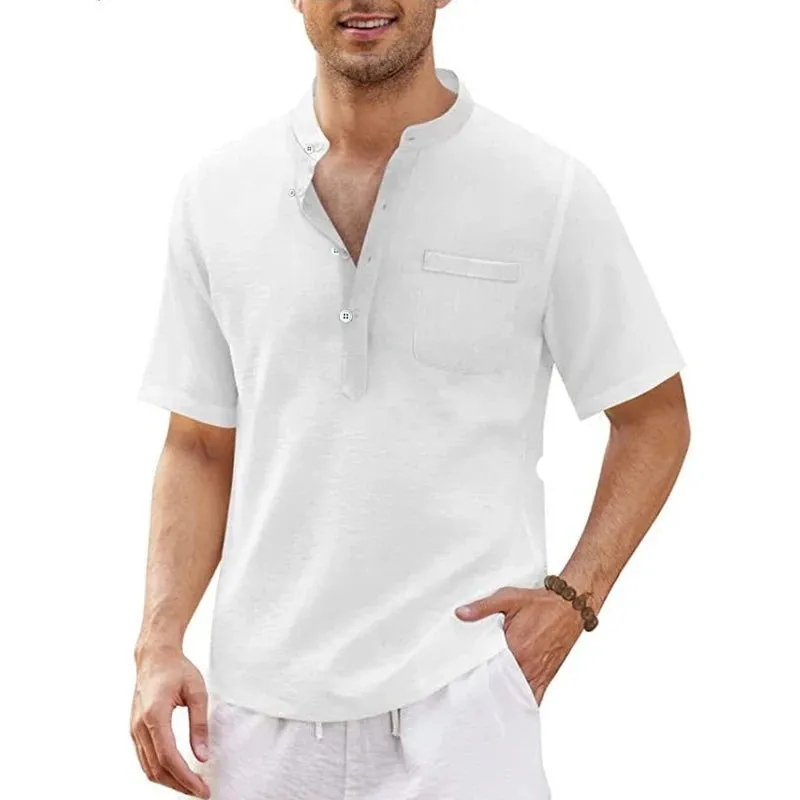 Summer Men's Short Sleeve T Shirts Linen Large Shirts for Men Breathable Stand Up Collar T Shirts Lightweight Fitness Tops