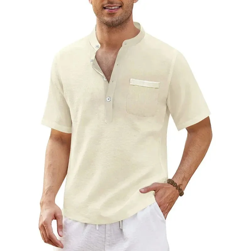 Summer Men's Short Sleeve T Shirts Linen Large Shirts for Men Breathable Stand Up Collar T Shirts Lightweight Fitness Tops