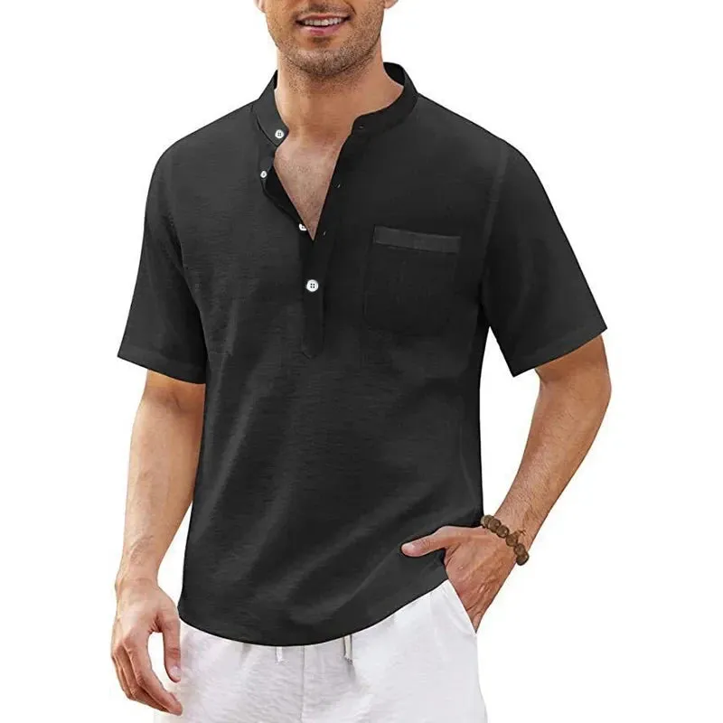 Summer Men's Short Sleeve T Shirts Linen Large Shirts for Men Breathable Stand Up Collar T Shirts Lightweight Fitness Tops