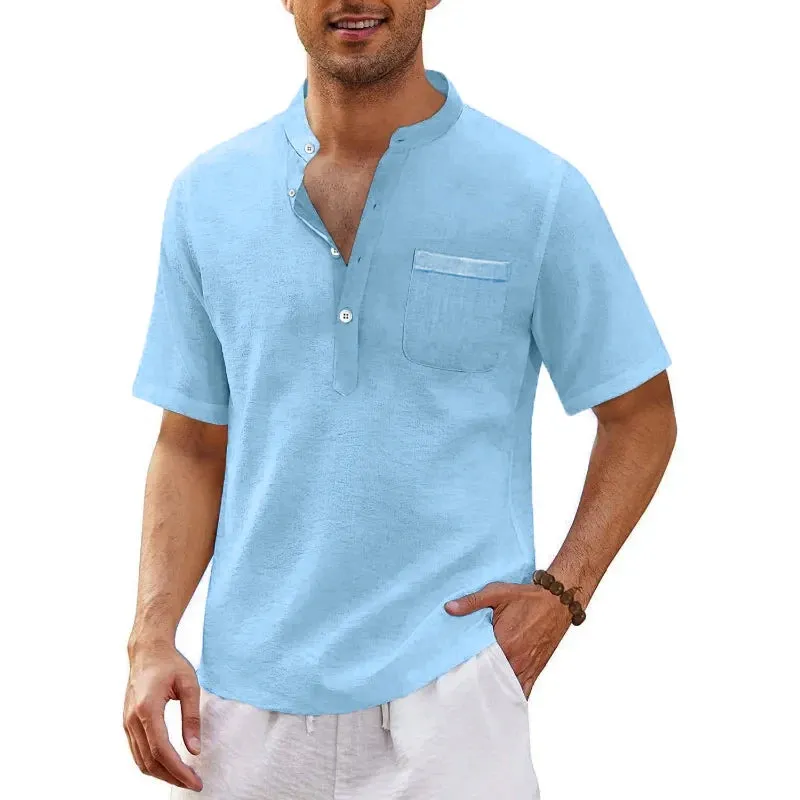 Summer Men's Short Sleeve T Shirts Linen Large Shirts for Men Breathable Stand Up Collar T Shirts Lightweight Fitness Tops