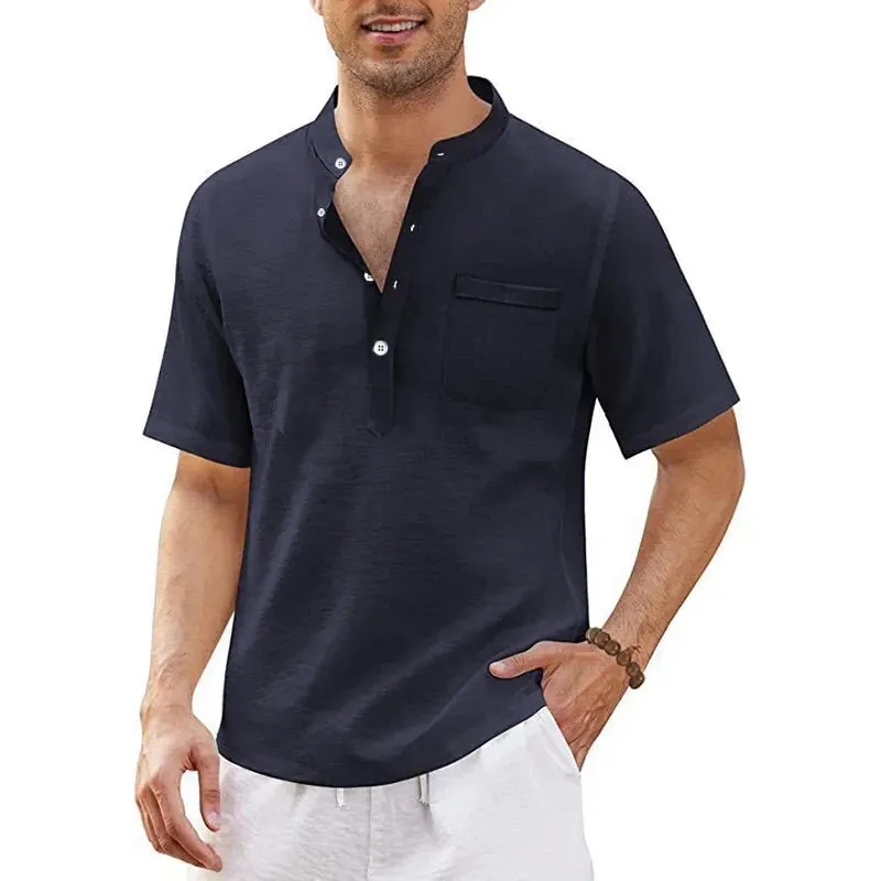 Summer Men's Short Sleeve T Shirts Linen Large Shirts for Men Breathable Stand Up Collar T Shirts Lightweight Fitness Tops