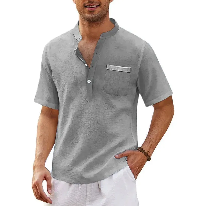 Summer Men's Short Sleeve T Shirts Linen Large Shirts for Men Breathable Stand Up Collar T Shirts Lightweight Fitness Tops