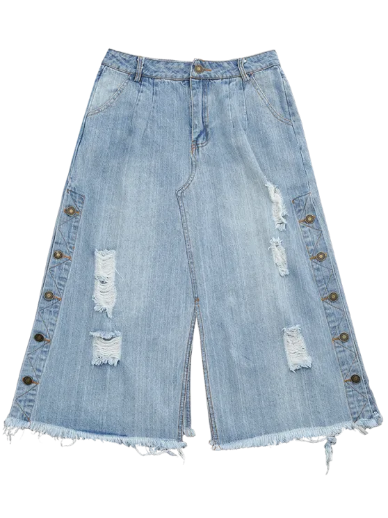 Trendy Ripped Button Up Wide Leg Capri Jeans